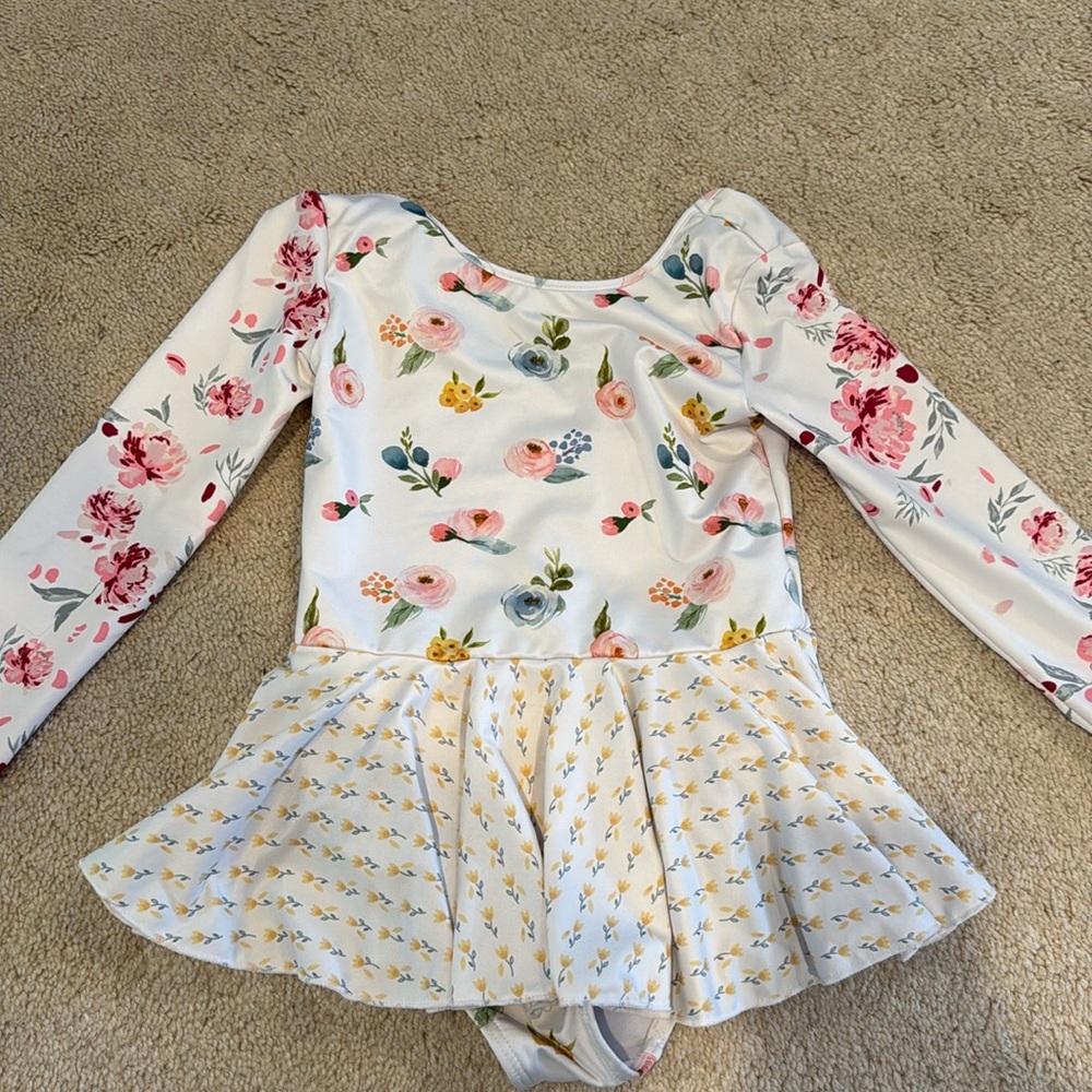 Girls White Floral Ballet Leotard with Skirt Sz 8